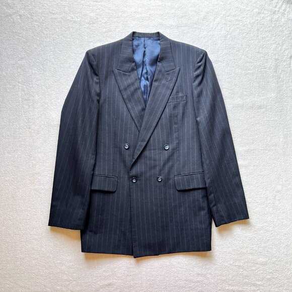 Vintage 80s Men's Double Breasted Navy Pinstriped Wool Blend Jacket Blazer 42L - Picture 3 of 7